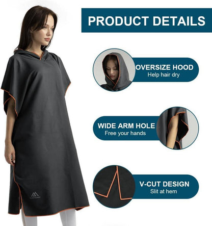 Mikrofaser Surf Poncho 110x80cm Quick Dry Badeponcho mit Kapuze Schwarz