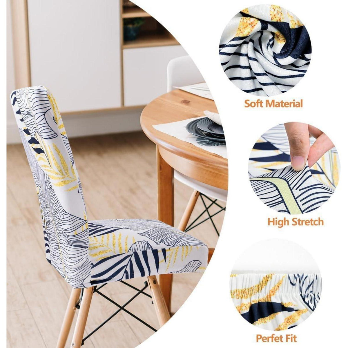 Stretch Stuhlhussen 4er Set mit Blattmuster – Abnehmbar & Waschbar
