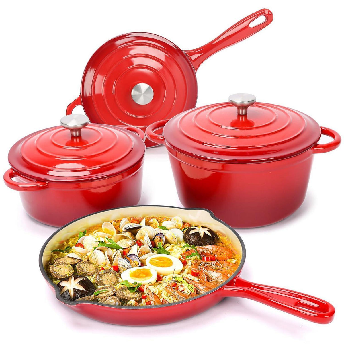 Gusseisen Kochgeschirr Set 7-teilig | Dutch Oven, Topf & Pfanne Rot