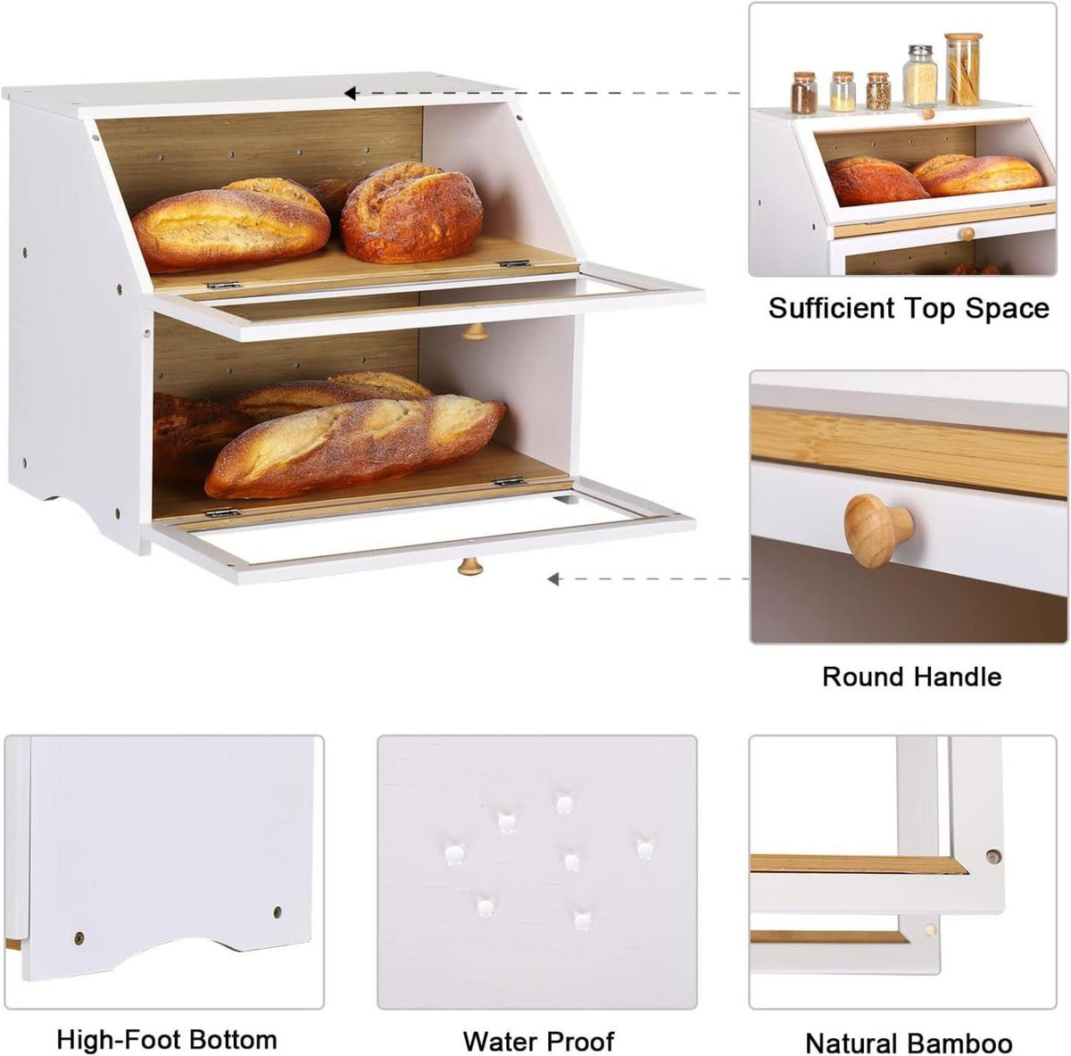 Bambus Brotkasten 2 Etagen lebensmittelecht Brotaufbewahrung 39x25x32cm