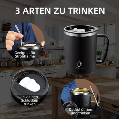 Thermobecher 500ml Edelstahl Isolierbecher Henkel Strohhalm Schwarz