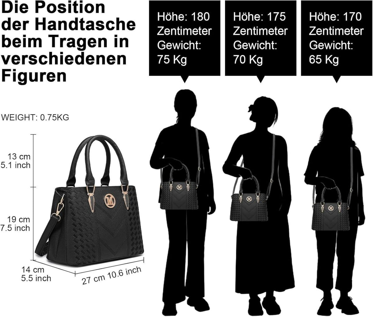 Miss Lulu Damen Handtasche Mittelgroß Umhängetasche PU Leder Schwarz