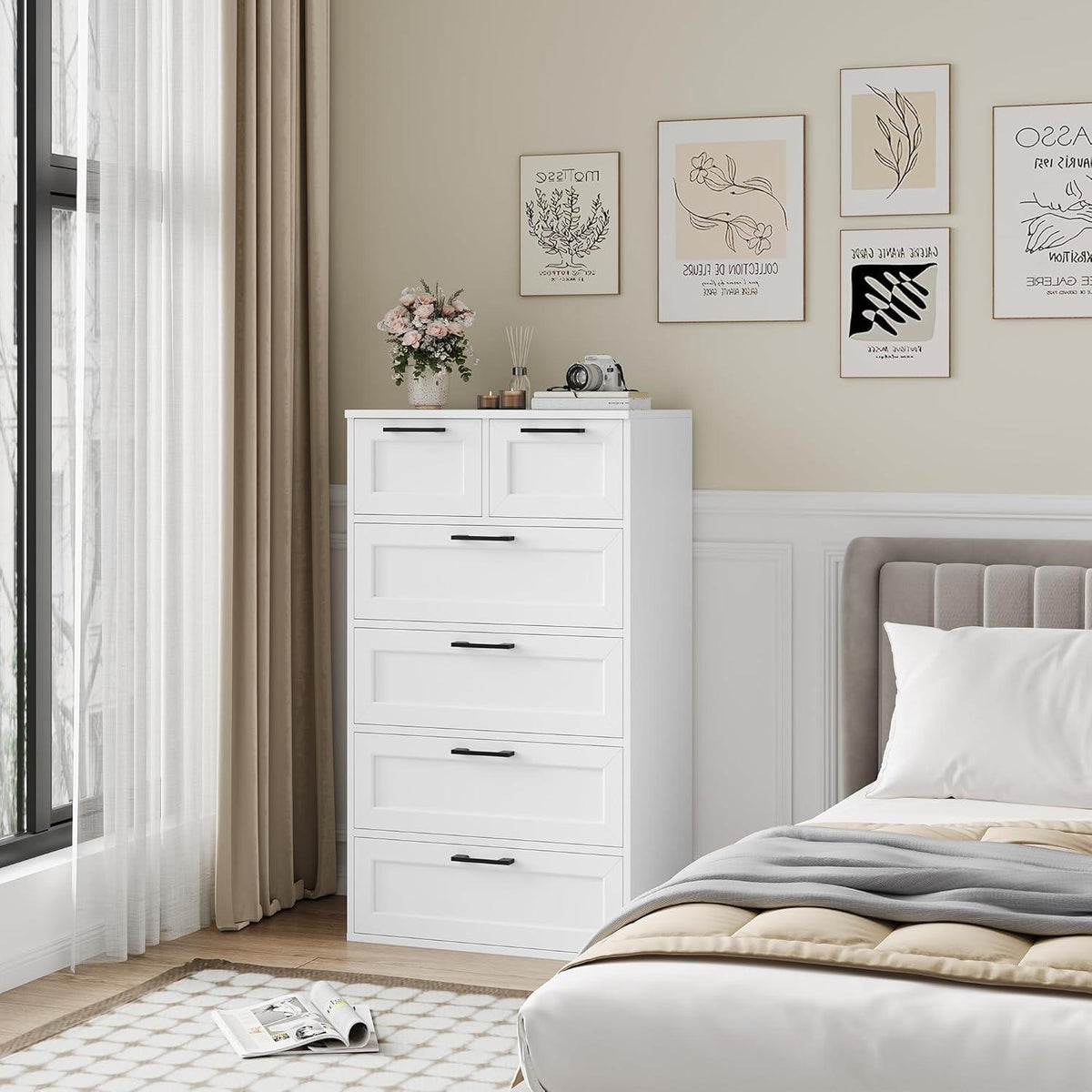 Weiße Kommode mit 6 Schubladen – Schlafzimmer Sideboard Holz Modern