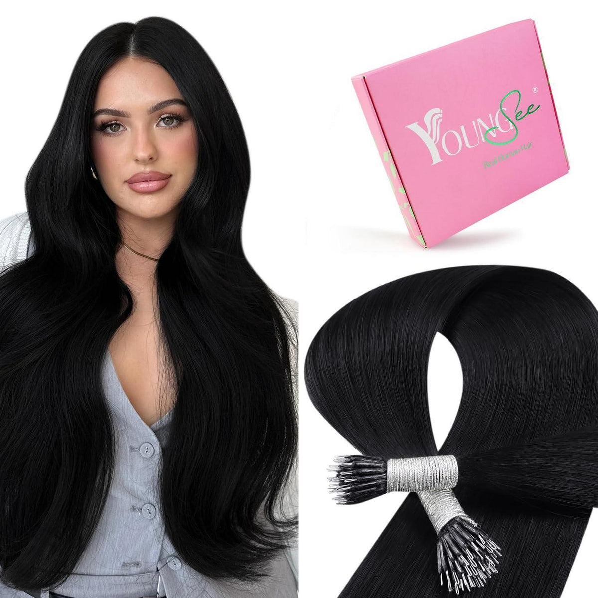 Echthaar Nano Ring Extensions Schwarz 35cm – Volumen & Länge