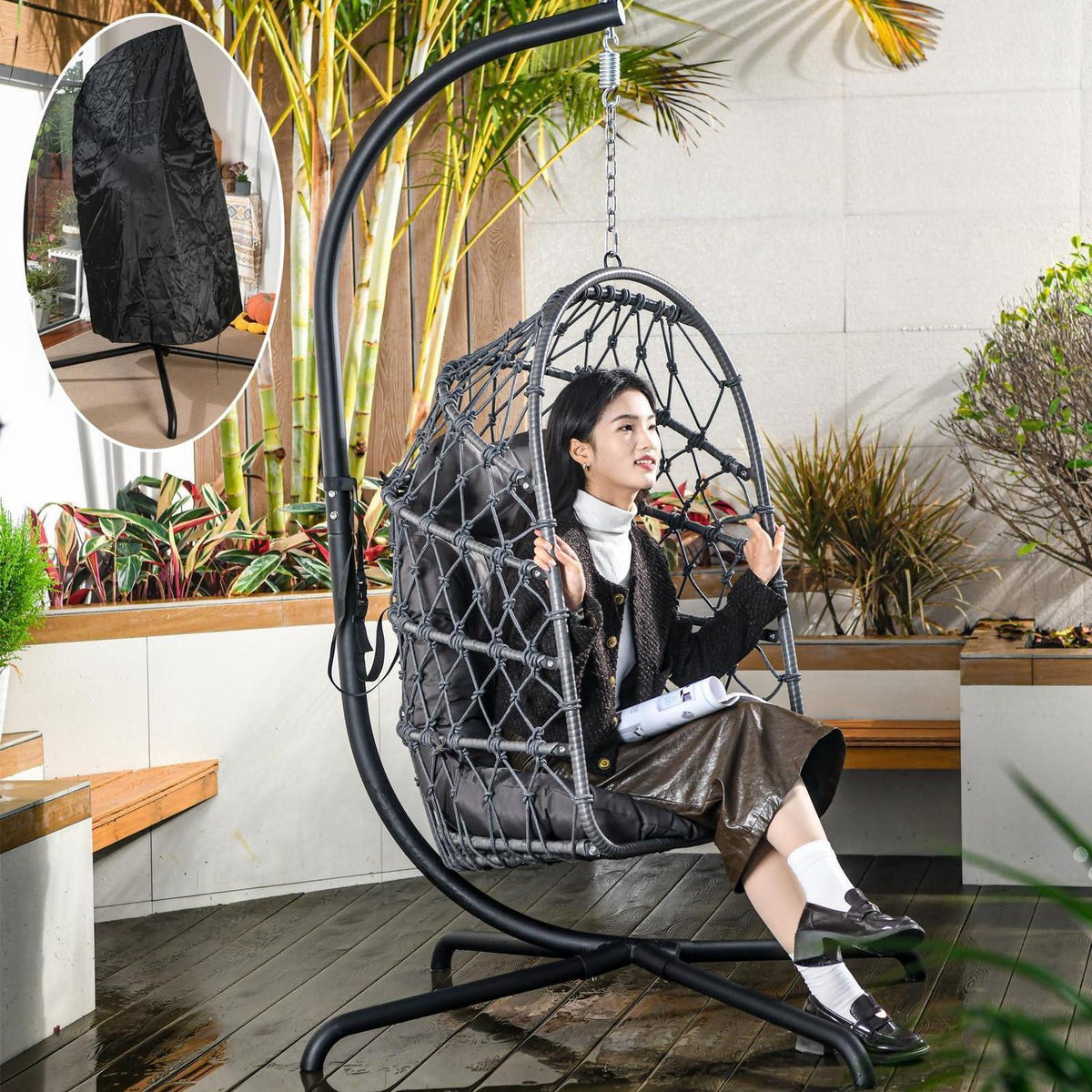 Hängesessel Polyrattan Outdoor Indoor mit Gestell & Kissen