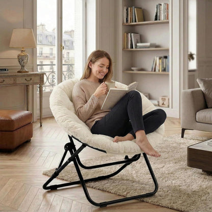 Klappbarer Rundsessel mit Kunstfell – Beige, Wohnzimmer & Schlafzimmer