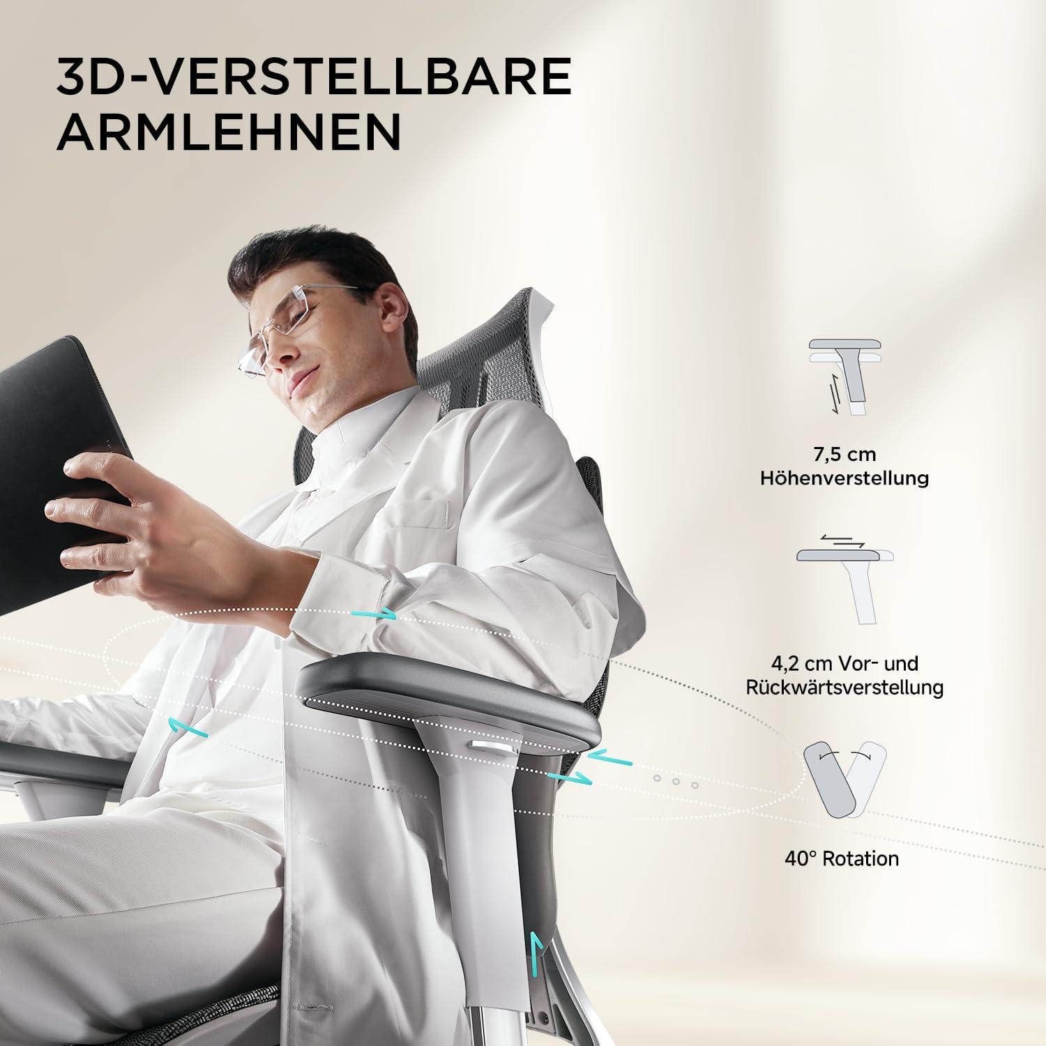 Hbada E3 Air Ergonomischer Bürostuhl, 3D-Kopfstütze, dynamische Lendenstütze, Grau
