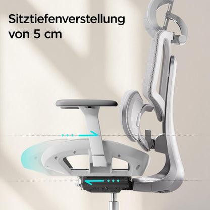 Hbada E3 Air Ergonomischer Bürostuhl, 3D-Kopfstütze, dynamische Lendenstütze, Grau