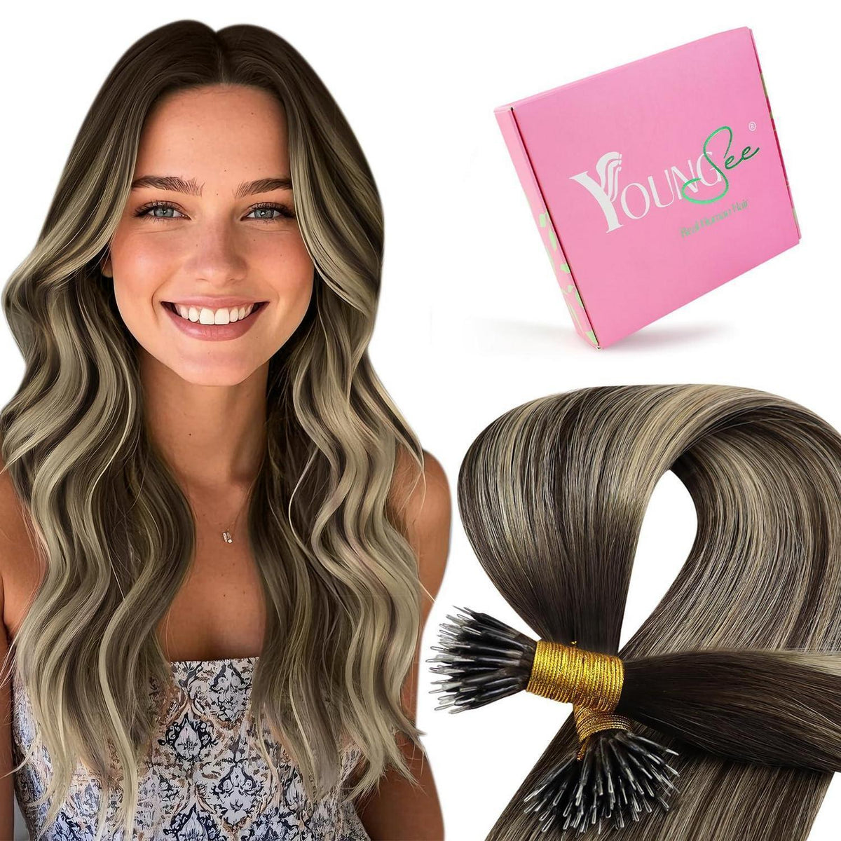Echthaar Nano Ring Extensions Dunkelbraun Ombre Aschblond 40cm