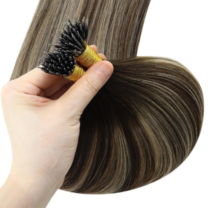 Echthaar Nano Ring Extensions Dunkelbraun Ombre Aschblond 40cm