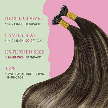 Echthaar Nano Ring Extensions Dunkelbraun Ombre Aschblond 45cm