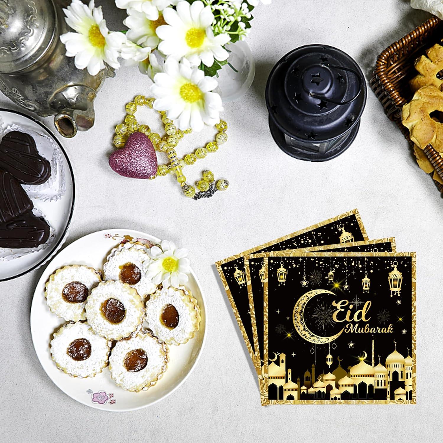 Servietten Eid Mubarak Ramadan Deko Schwarz Gold 40Stück 33x33cm