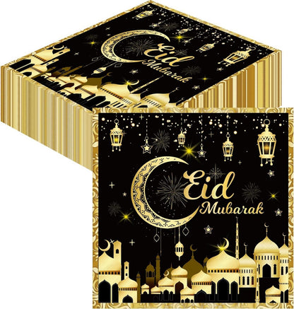 Ramadan Deko Servietten Schwarz Gold 80Stück 33x33cm Stern Mond Eid