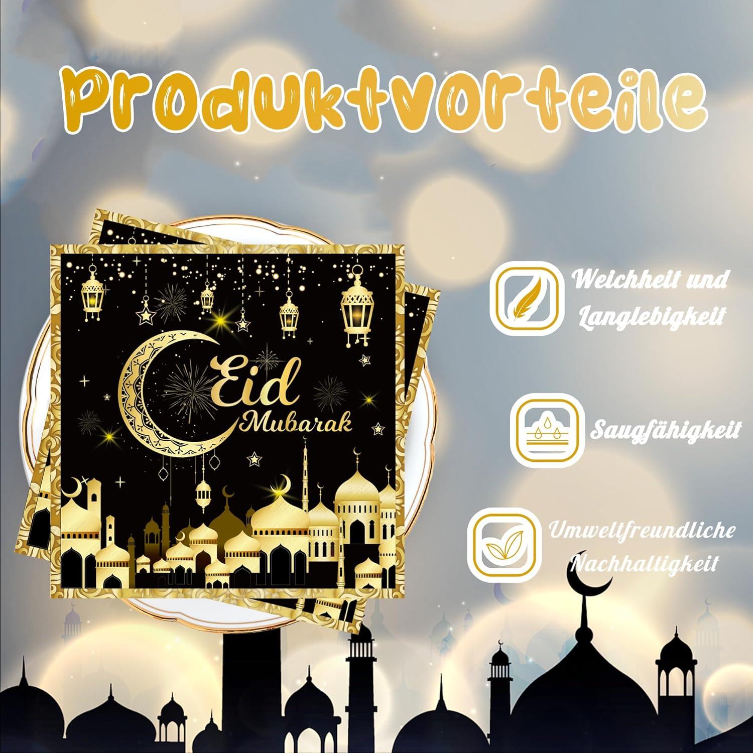 Ramadan Deko Servietten Schwarz Gold 80Stück 33x33cm Stern Mond Eid