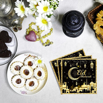 Eid-Mubarak Servietten Schwarz Gold 80Stück Ramadan Deko 33x33cm