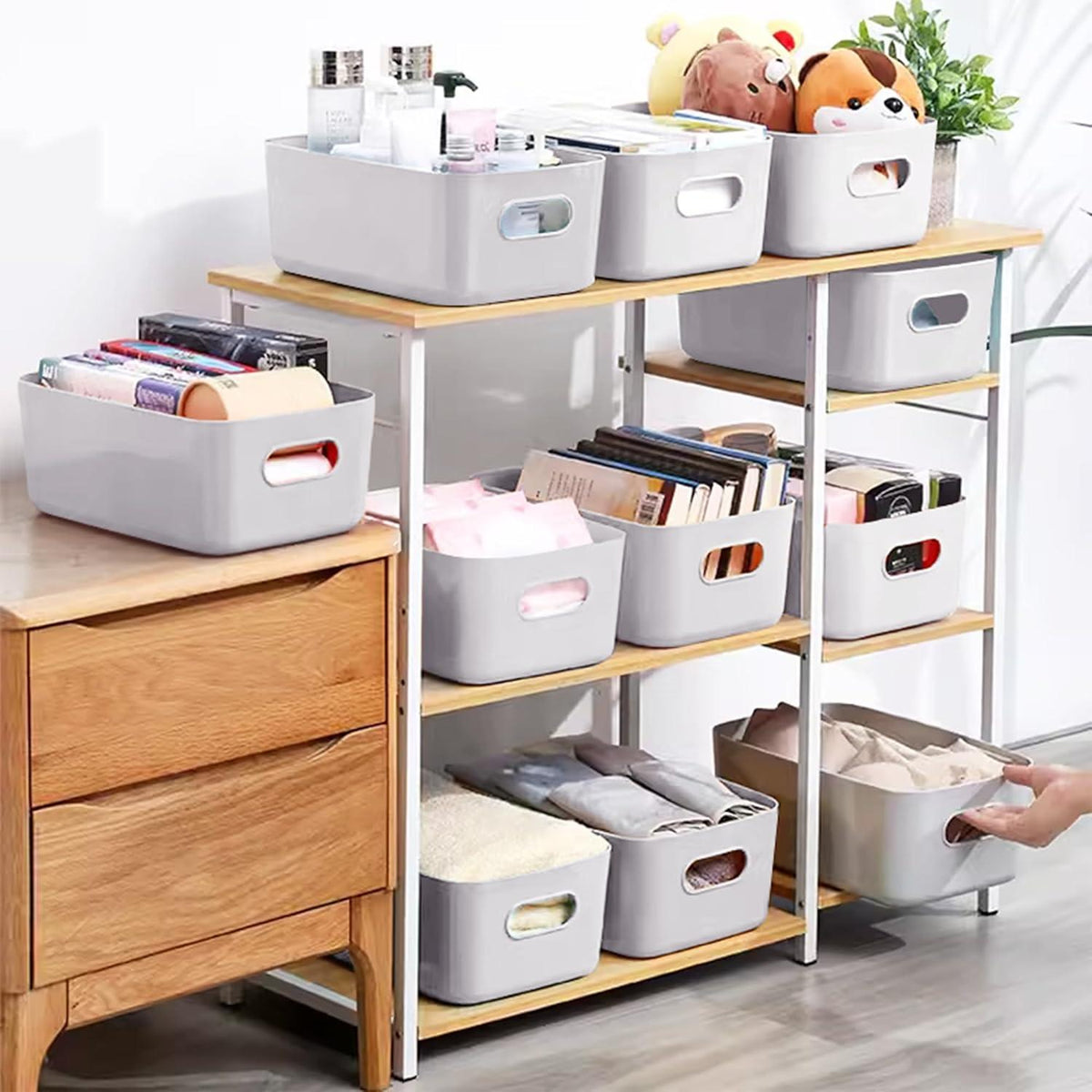 10x Aufbewahrungsbox Kunststoff Grau 30x20x12cm mit Griff - Badezimmer Organizer