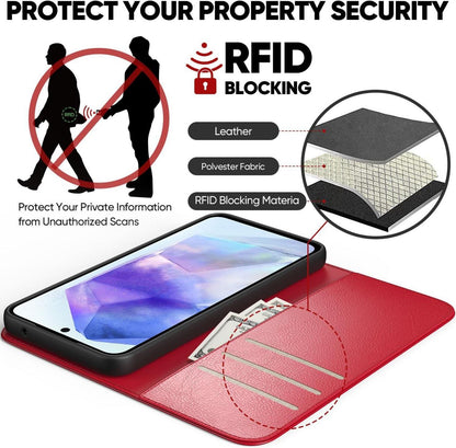 Handyhülle Samsung Galaxy A55: PU Leder Schutz Glas RFID Rot