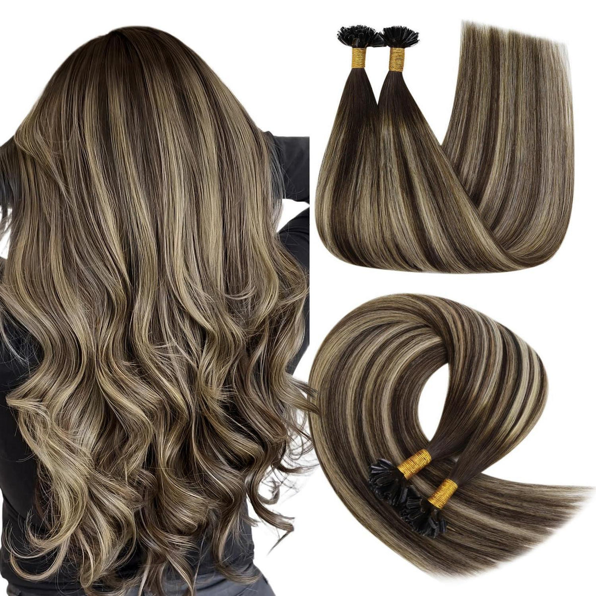 Echthaar Bonding Extensions Ombre Dunkelbraun-Aschblond 50cm