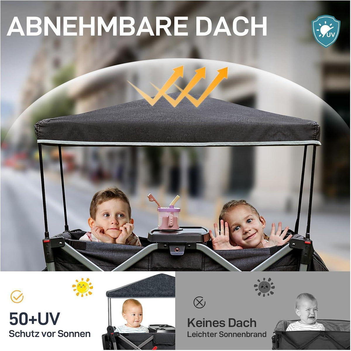 Faltbarer Bollerwagen für 2 Kinder mit Dach und Wickelrucksack