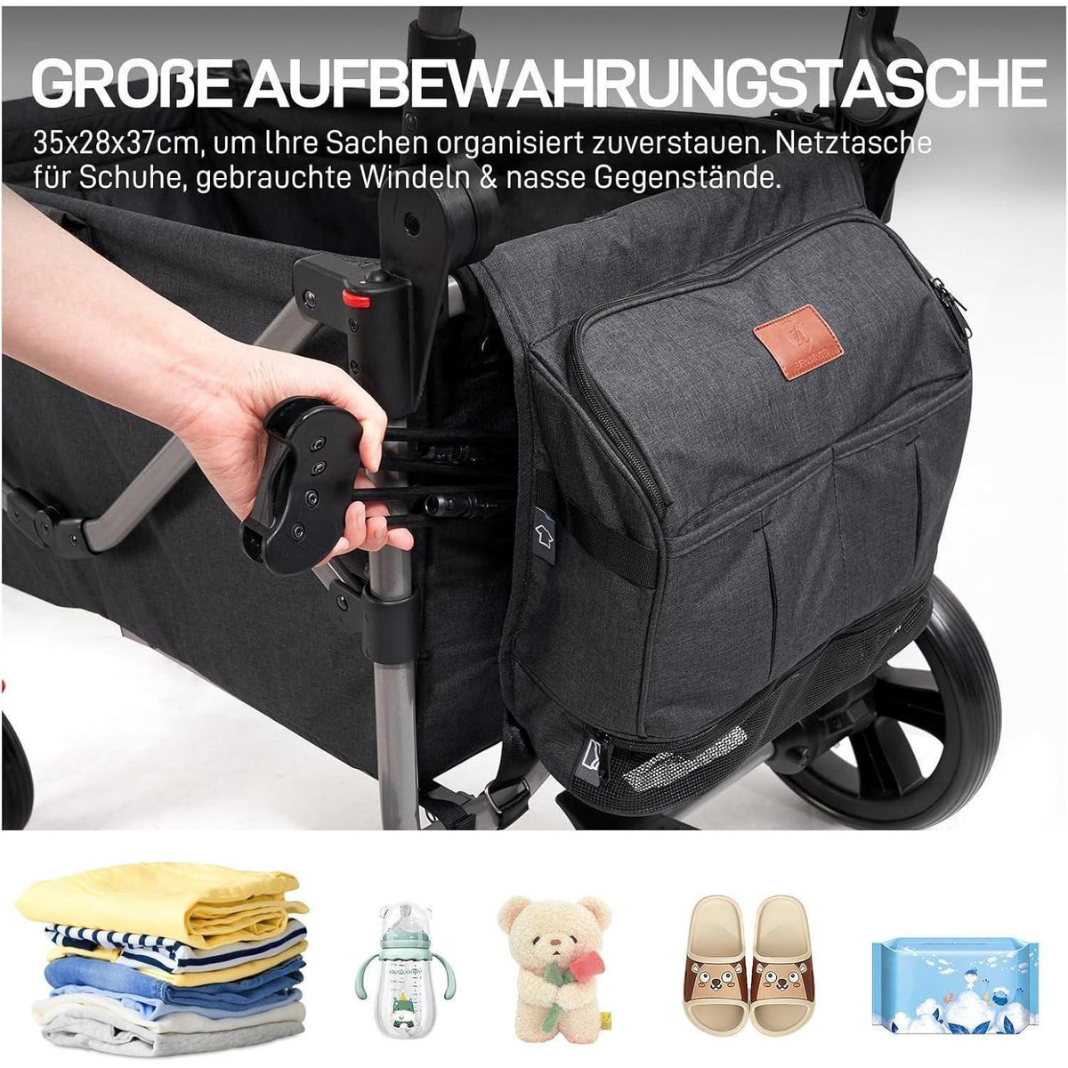 Faltbarer Bollerwagen für 2 Kinder mit Dach und Wickelrucksack