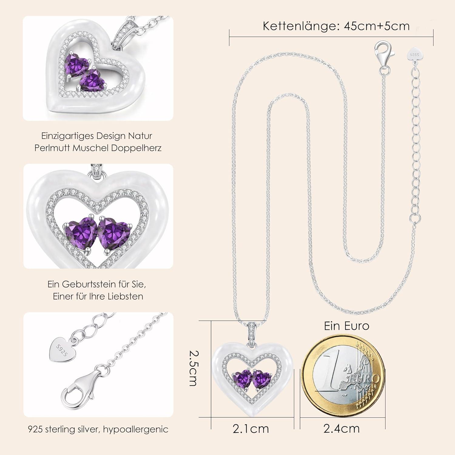 Damen Shell Doppel Herz Halskette Sterling Silber 925 mit Anhänger