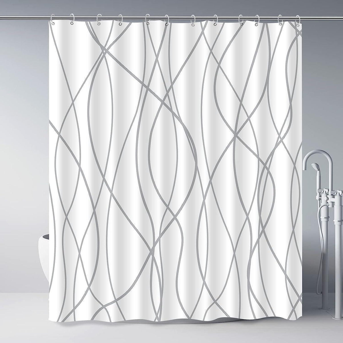 Duschvorhang Grau Gestreift 180x200cm Wasserdicht Textil mit Ösen