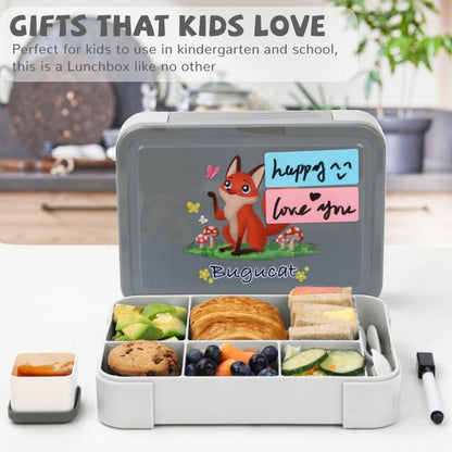 Bugucat Brotdose Kinder Lunchbox 1330ML mit 6 Fächern Besteckset 12er Set Grau