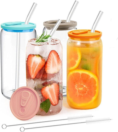 Trinkgläser mit Deckel und Strohhalm, Cocktailgläser 500ml, 4 Stück