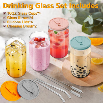 Trinkgläser mit Deckel und Strohhalm 500ml, 4 Stück Iced