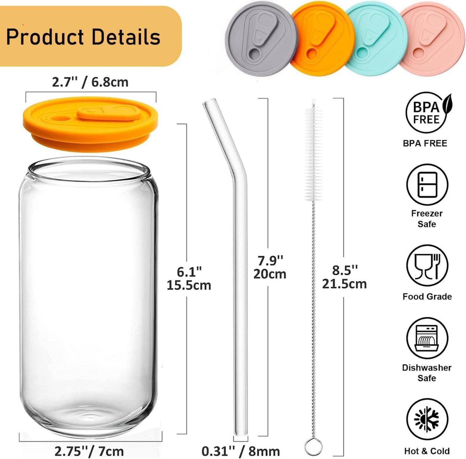 Trinkgläser mit Deckel und Strohhalm 500ml, 4er Set Iced Coffee Glas