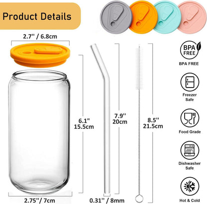 Trinkgläser mit Deckel und Strohhalm 500ml, 4er Set Iced Coffee Glas