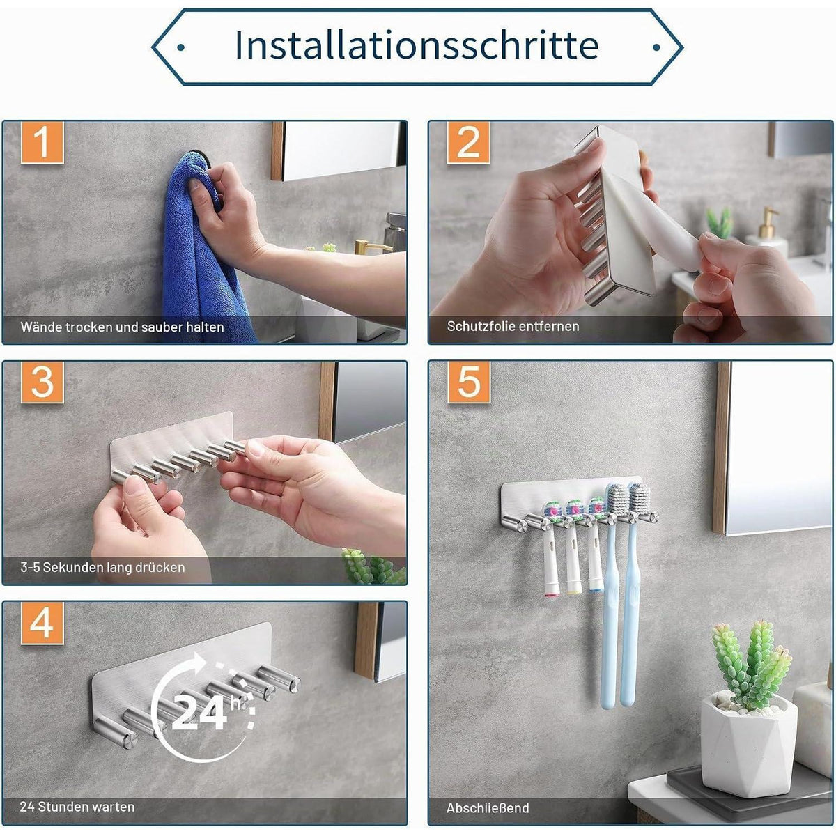 Elektrischer Zahnbürstenhalter ohne Bohren – Edelstahl, Silber, 6 Köpfe