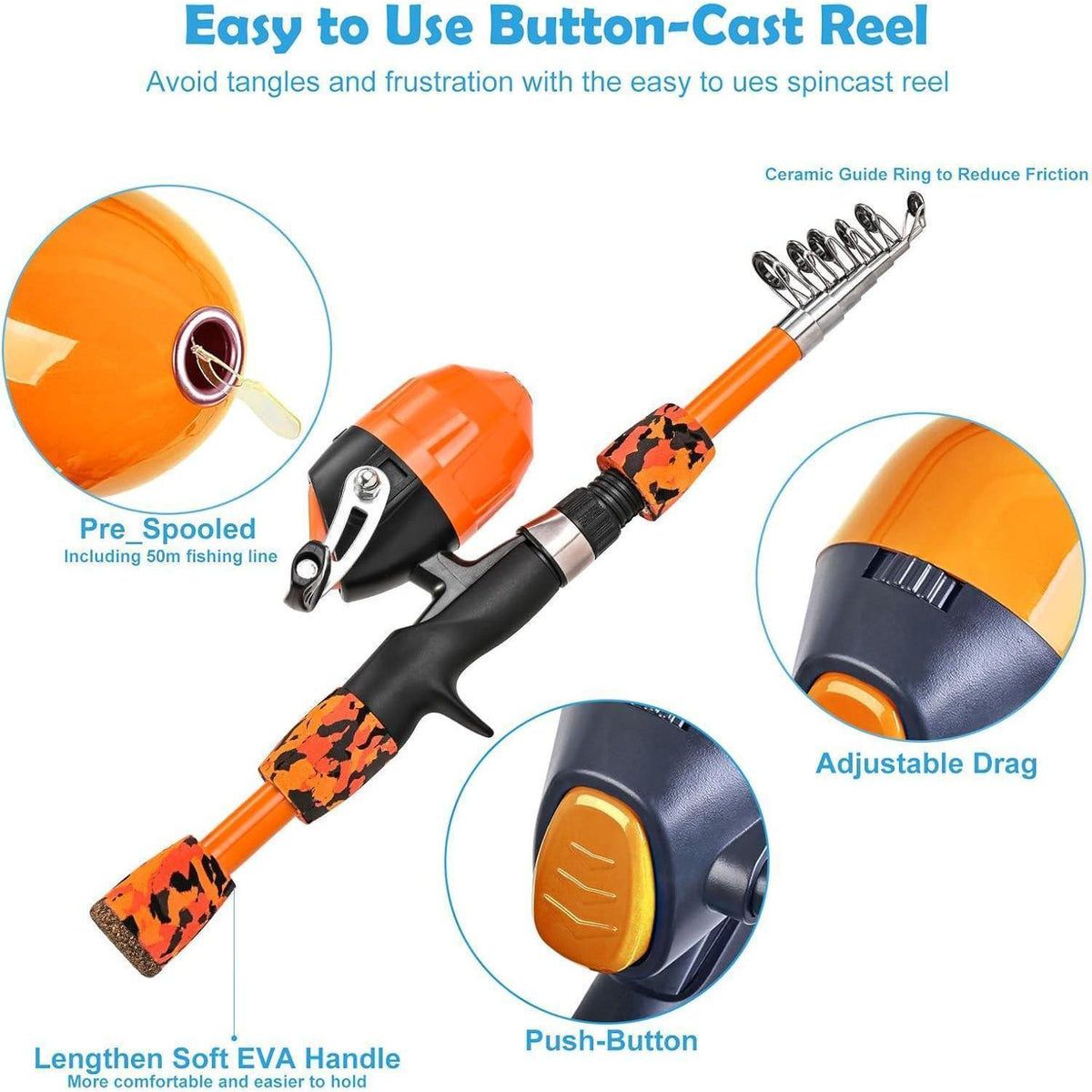 Angelset für Erwachsene & Kinder, Teleskop-Angelrute aus Carbon, Orange
