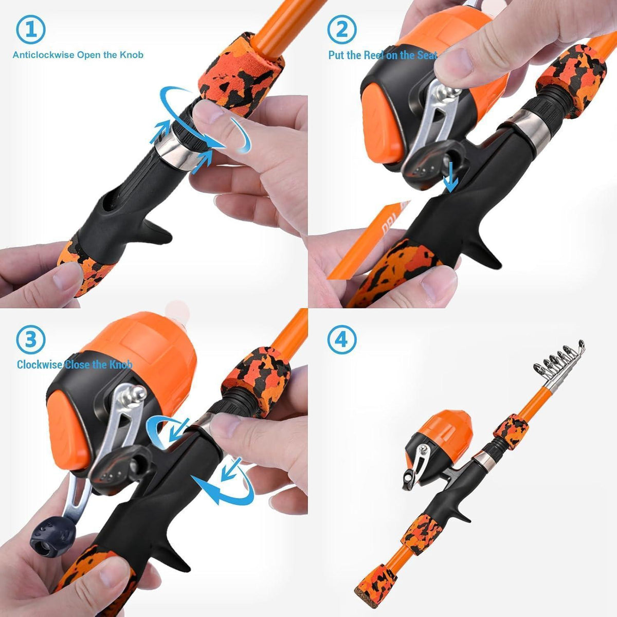 Angelset für Erwachsene & Kinder, Teleskop-Angelrute aus Carbon, Orange