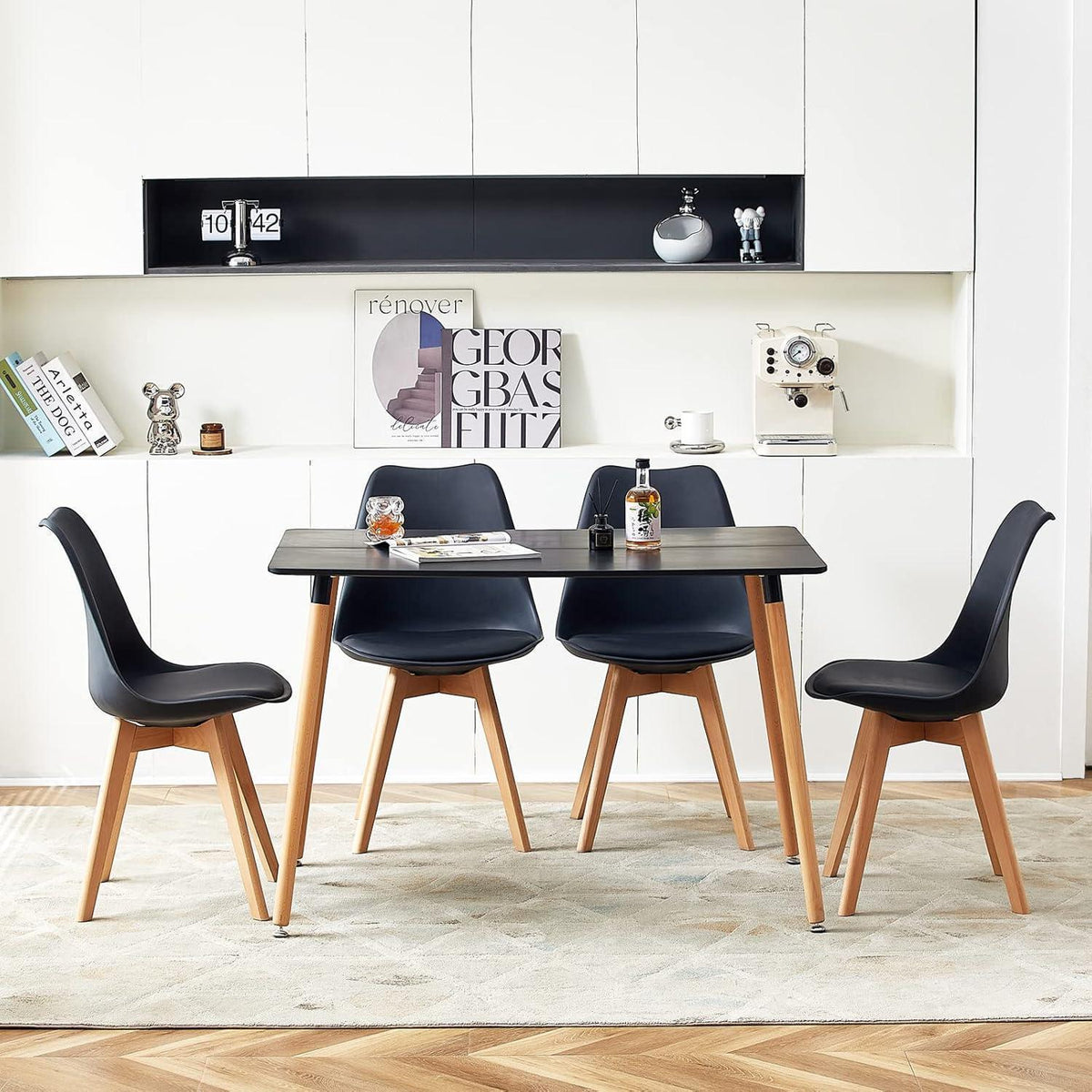 Rechteckiges Esszimmer-Set mit Tisch und 4 Stühlen, Schwarz