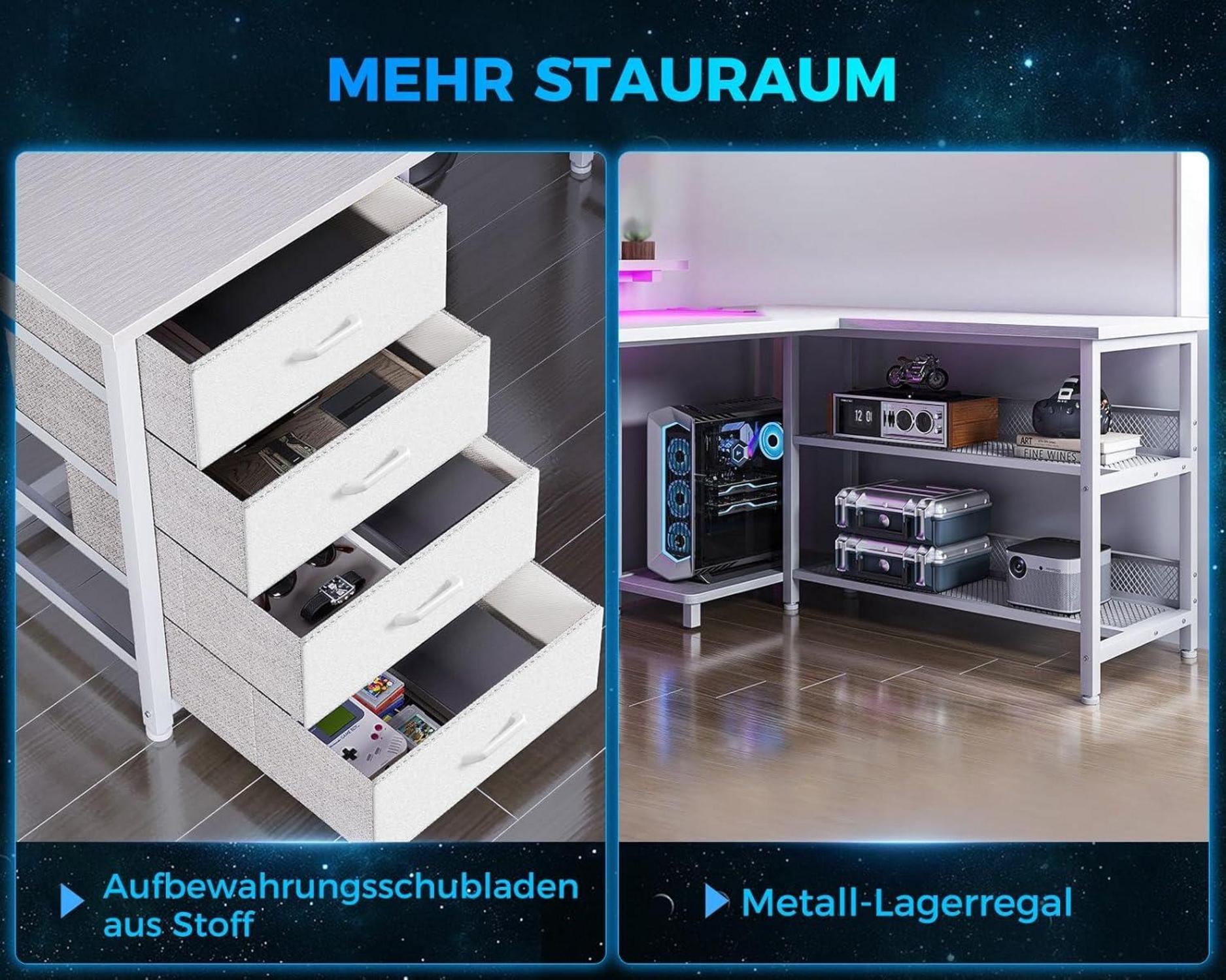 Eckschreibtisch mit LED-Beleuchtung, USB-Anschluss, 4 Schubladen - 167×102cm