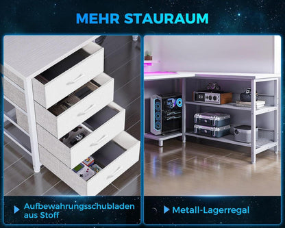 Eckschreibtisch mit LED-Beleuchtung, USB-Anschluss, 4 Schubladen - 167×102cm