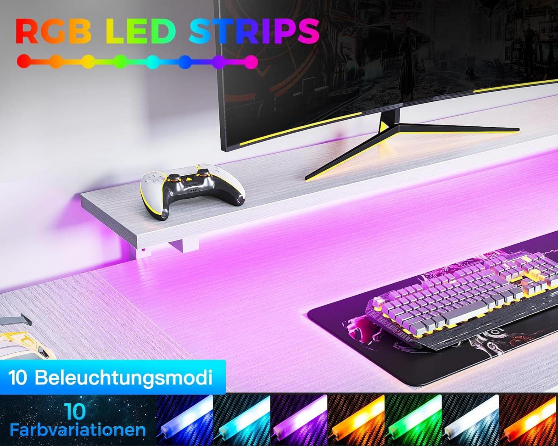 Eckschreibtisch LED Gaming 4 Schubladen USB Steckdosen 167x102cm
