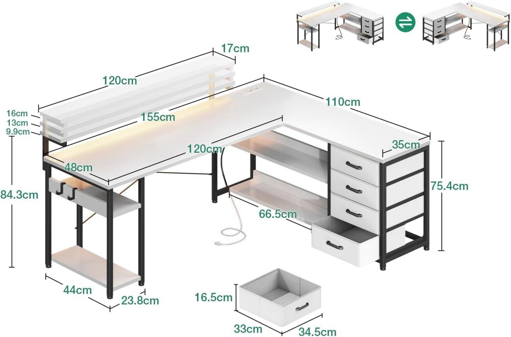 Eckschreibtisch LED USB Schubladen Steckdosen Weiß 155×110cm