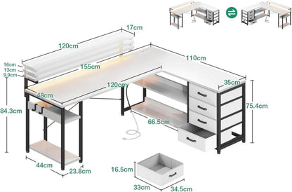 Eckschreibtisch LED USB Schubladen Steckdosen Weiß 155×110cm