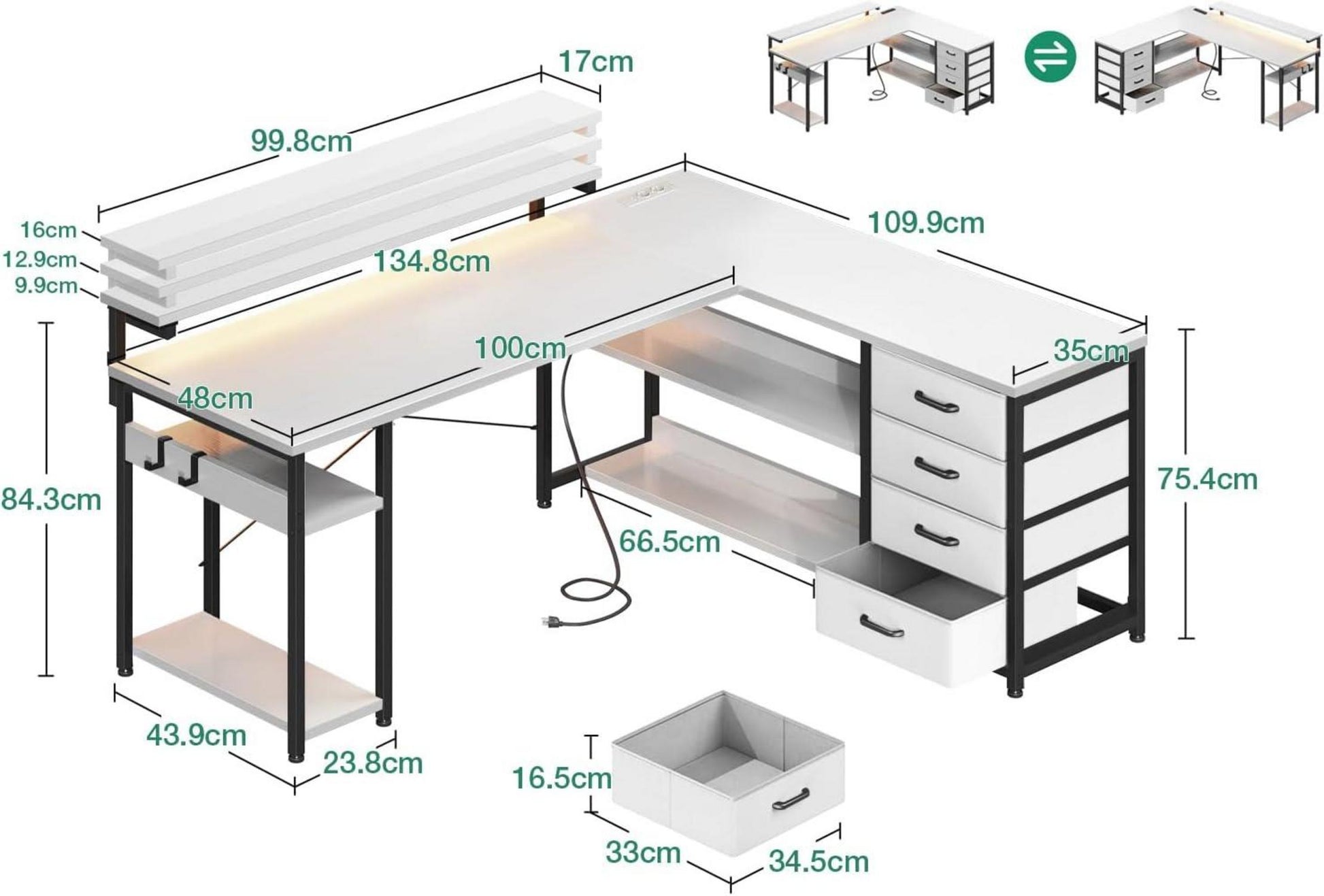 Schreibtisch Eckschreibtisch mit Schubladen USB-LED 135x110cm