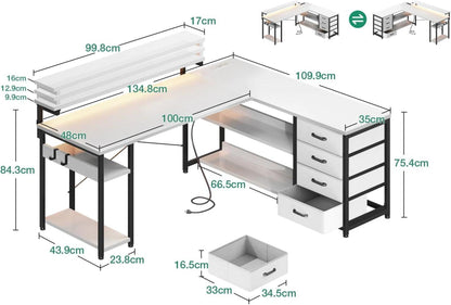 Schreibtisch Eckschreibtisch mit Schubladen USB-LED 135x110cm