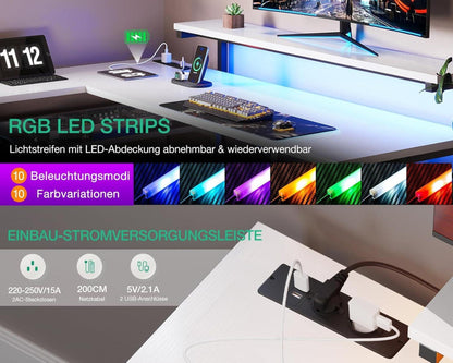 Schreibtisch mit Schubladen LED USB 135×110 cm White