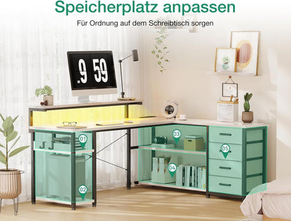 ODK Gaming Schreibtisch LED 2 Steckdosen 2 USB weiß 135×110cm