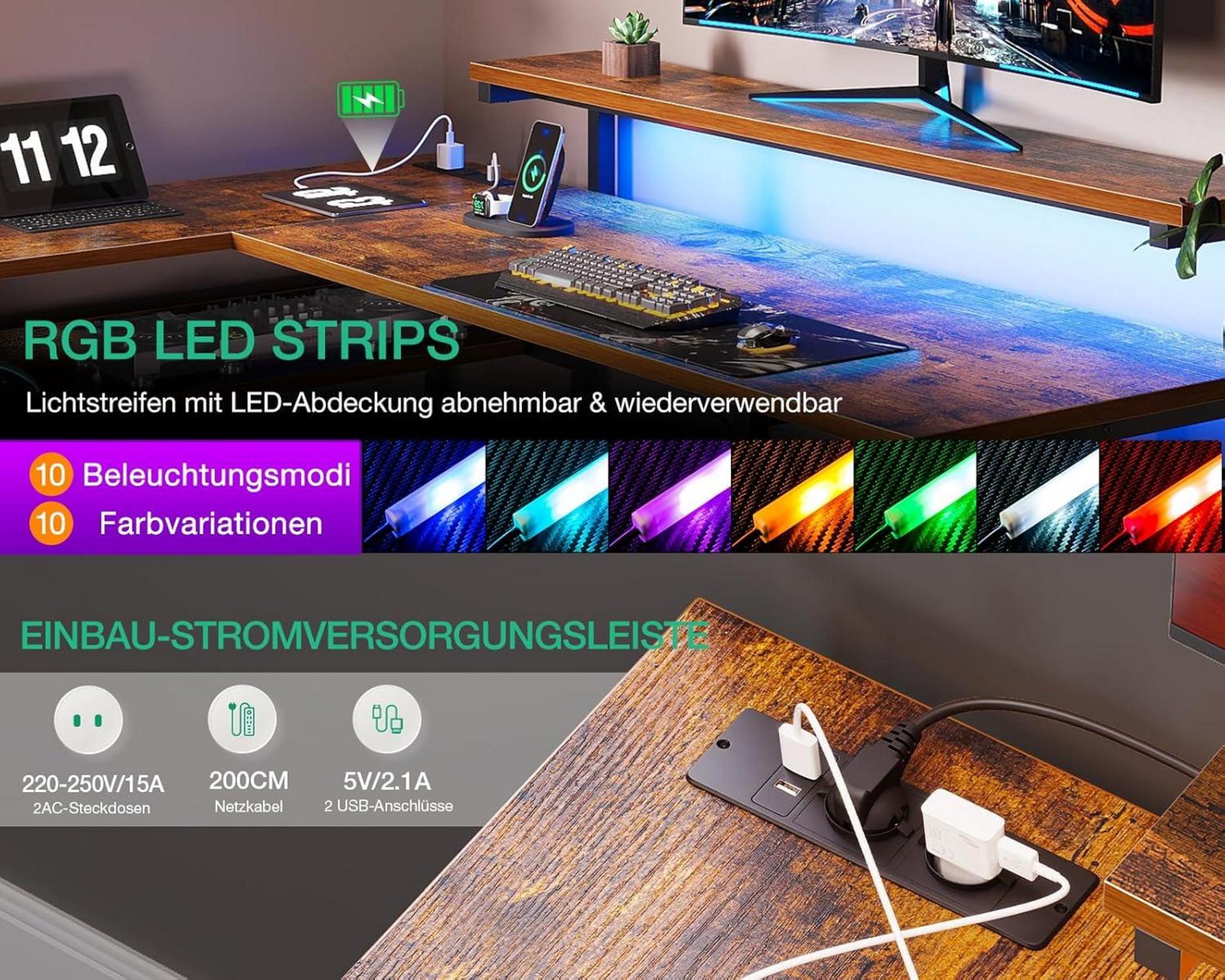 Schreibtisch LED Eckschreibtisch USB 2 Steckdosen 2 135×110cm