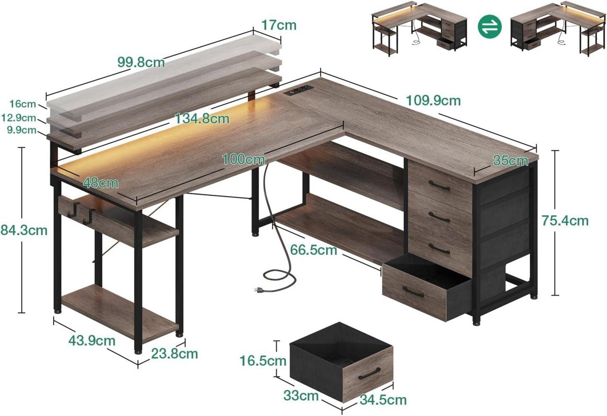 LED Gaming Schreibtisch mit Schubladen und USB Anschlüssen