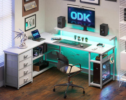 ODK LED Gaming Schreibtisch L Form mit Schubladen und