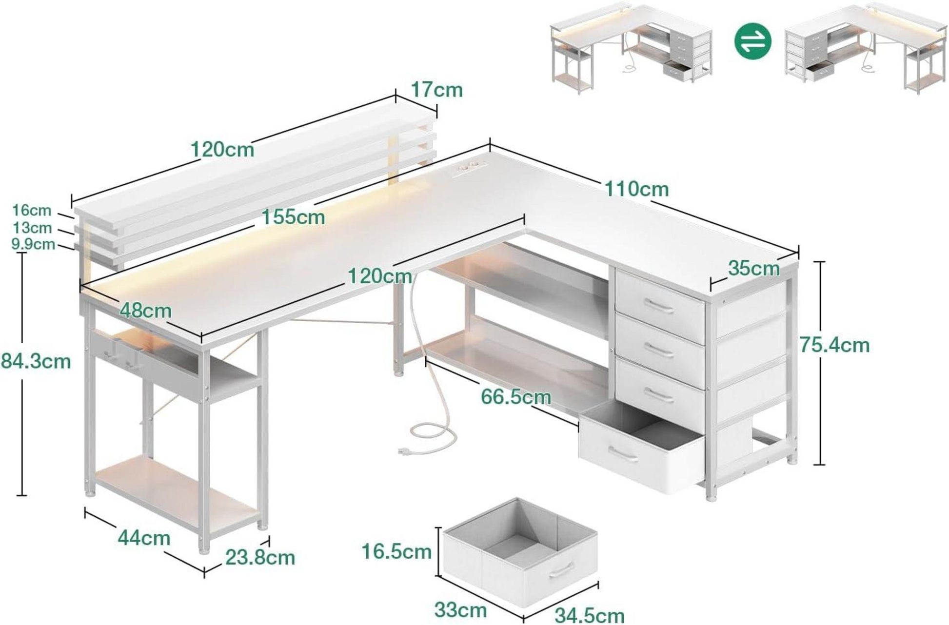 Schreibtisch Eckschreibtisch mit Schubladen LED USB-Anschluss