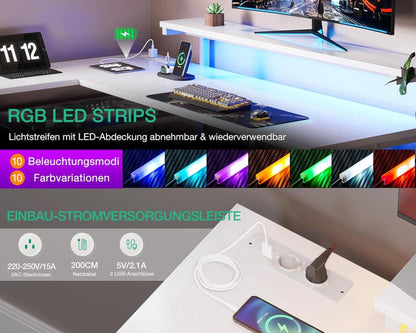 Schreibtisch mit Schubladen und USB Ladestation, LED Beleuchtung, Home