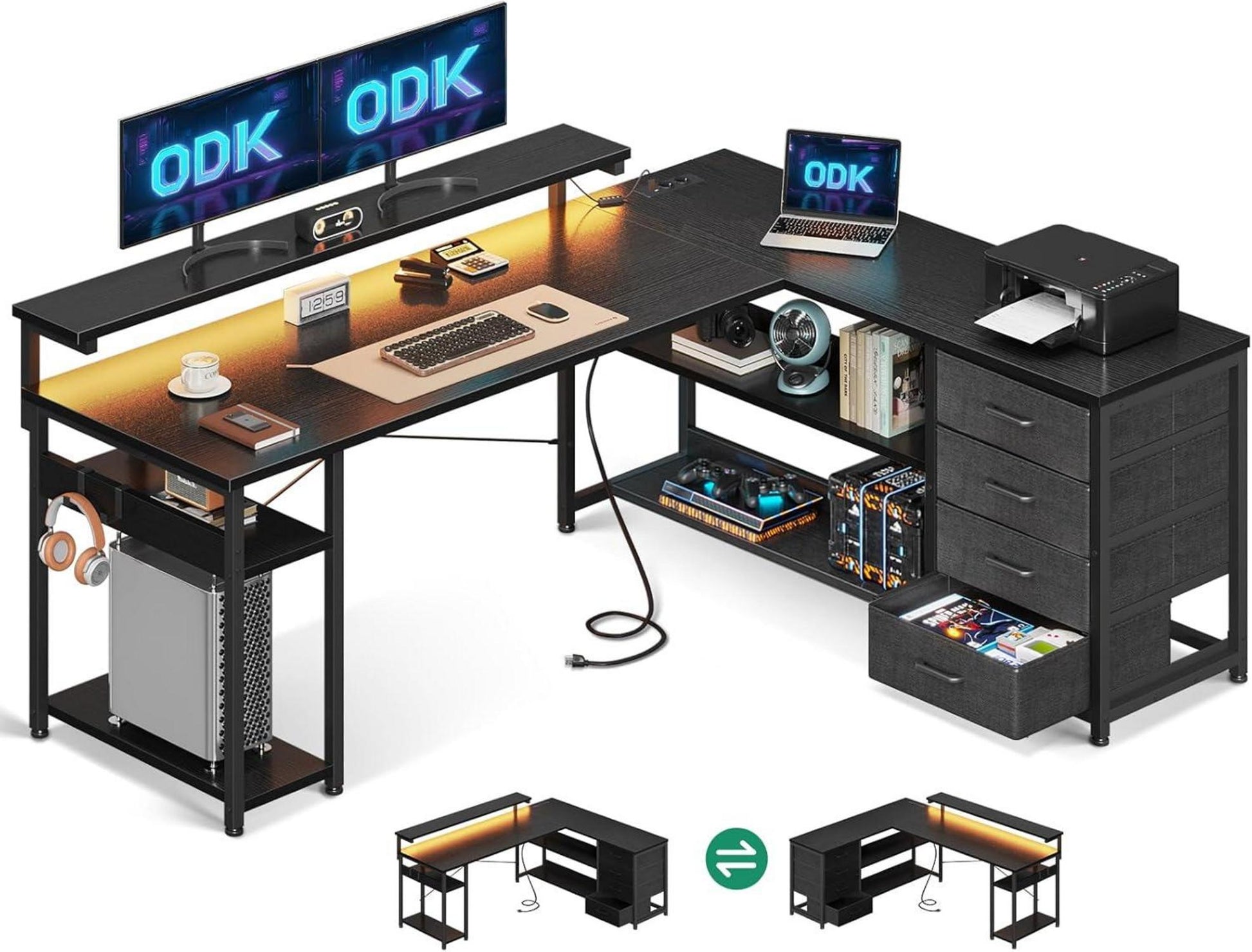Schreibtisch Eckschreibtisch mit Schubladen USB LED 155×110cm